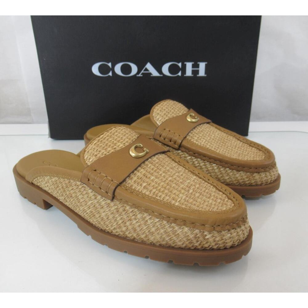 Women's Coach Jocelyn Straw Backless Loafer Sandal Mule Flats Natural - Picture 5 of 7